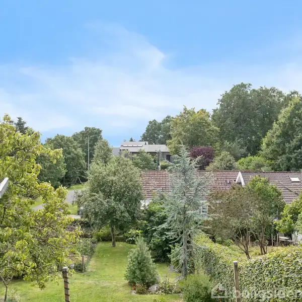 Et åbent vindue viser en have med frodige træer og buske; i baggrunden ses tagene af to huse omgivet af tæt skov, under en klar blå himmel.
