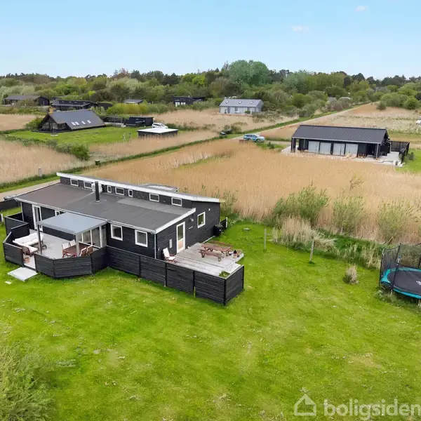 Et sort sommerhus med en terrasse står på en grøn græsplæne, omkranset af høje strå og spredte træer. En trampolin er placeret ved siden af huset i et landligt område.