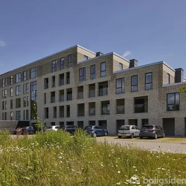 En moderne, fleretagers bygning med store vinduer står ved en parkeringsplads. Bilen holder foran bygningen, og vilde blomster vokser i forgrunden under en klar blå himmel.