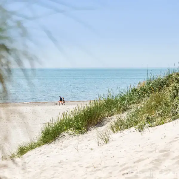 To personer går langs en sandstrand med klitter i forgrunden; baggrunden viser et roligt, blåt hav under en klar himmel.