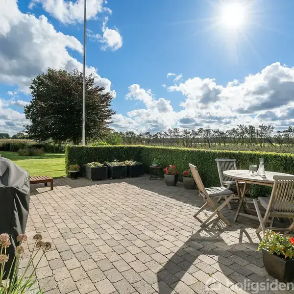 Terrasse med bord og stole i solskin. En grill står til venstre, omgivet af blomsterkrukker. Haven omkranses af hæk med en stor solbeskinnet græsplæne og træer i baggrunden.