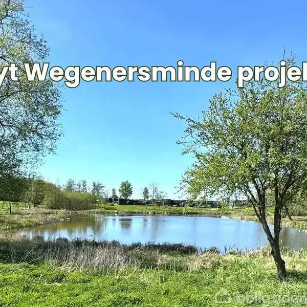 En sø omgivet af træer og græs ligger under en klar blå himmel. Tekst: "Nyt Wegenersminde projekt" er placeret over søen.