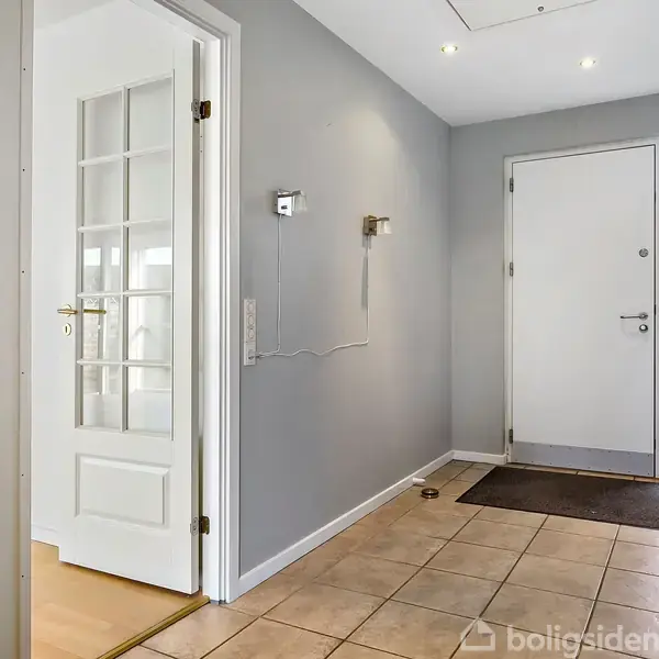 Indgangsparti med grå vægge og lysbrune fliser. Døren til venstre står åben, viser adgang til et værelse med trægulv. En dørmåtte ligger foran hoveddøren til højre.