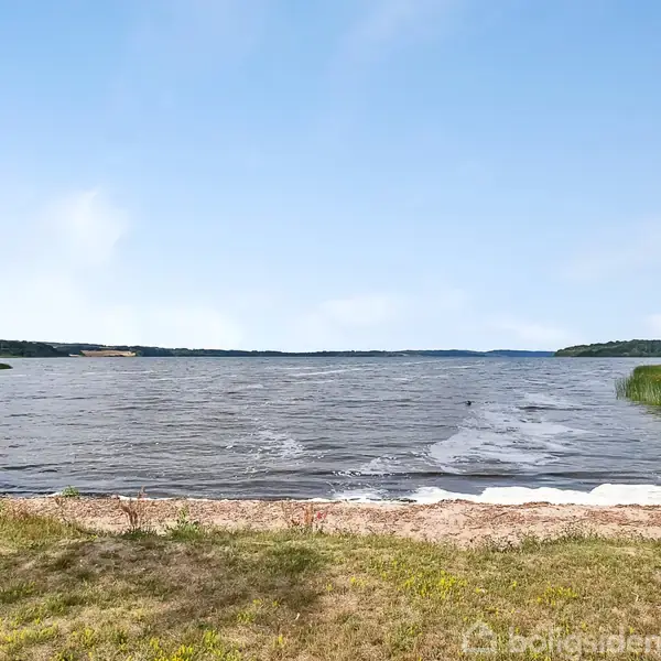 Sø med bølger, omkranset af græs og lidt buske, under en blå himmel. I baggrunden ses skovklædte områder på begge sider.