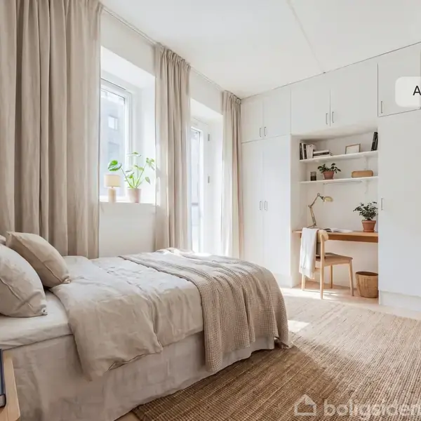 Soveværelse med seng dækket af beige sengetøj og puder; placeret ved et vindue med planter. Skabe og en træskrivebord fyldt med dekorationer omkranser rummet. Tekst: "AI visualisering".