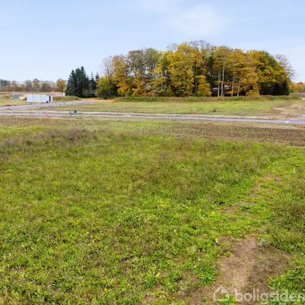Grønt græsareal strækker sig mod en træbevokset bakke i baggrunden; en vej afgrænser området, hvor enkelte bygninger står spredt langs vejkanten.