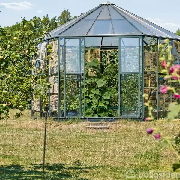 Drivhus står i have, omgivet af græs og blomster. Det er lavet af glas og metal og indeholder planter. Træer med frugter ses i forgrunden.