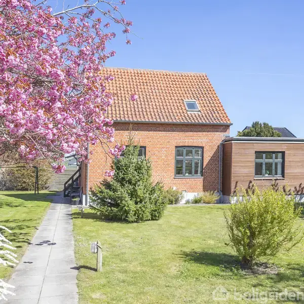 Et rødt hus med en skorsten og rødt tegltag står i en have omgivet af grønne planter og blomstrende træer med lyserøde blomster, under en blå himmel.