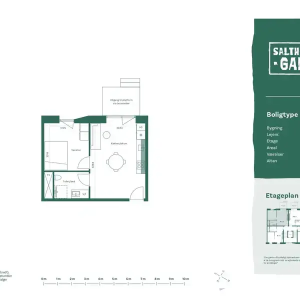 Plantegning af lejlighed Boligtype B 0.2 viser en indgang, stue, køkken, og to værelser på 51 m². Tekst: "Saltholmsgade", Bygning: B, Lejlighed: 28, Etage: St., Værelser: 2, Altan: Nej.