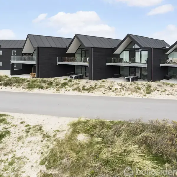 Moderne sorte rækkehuse med store glaspartier og altaner, placeret ved en vej omgivet af sandklitter og græs, under en blå himmel med få skyer.