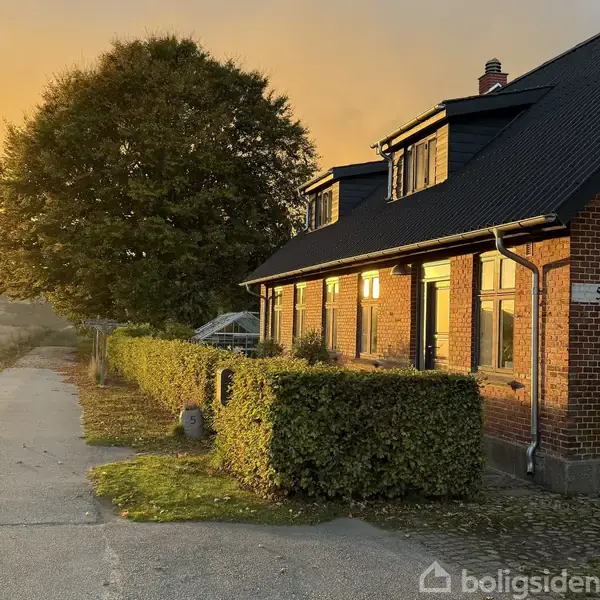 Rødt murstenshus belyst af solnedgang, med sorte tage og kviste. Foran huset er en hæk og en grusvej med nummerstenen "5". Træer ses i baggrunden.