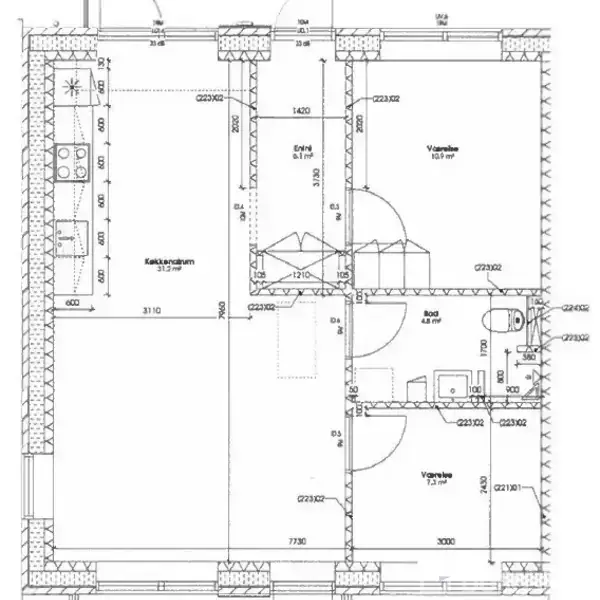 Plantegning viser layout af en bolig. Køkkenalrum (31,7 m²) til venstre, en gang i midten (1,9 m²), værelse (10,6 m²) og bod (4,8 m²) til højre. Toilet/Bad nederst (4,1 m²).