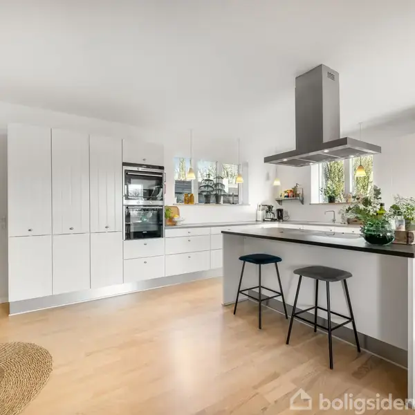 Et moderne køkken med hvide skabe og en ø med barstole. Køkkenet er velbelyst med planter på bordet og en emhætte over øen. Gulvet er i lyst træ.
