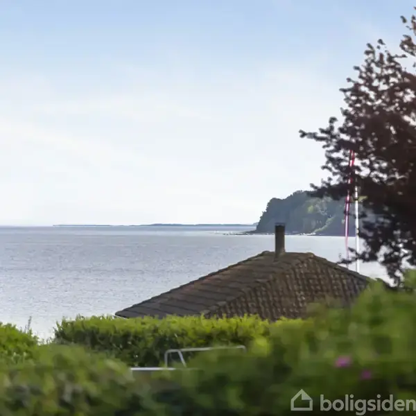 Et hustag ses i forgrunden med udsigt til havet, der strækker sig mod en skovklædt kystlinje i baggrunden. Grønt løv omkranser scenen.