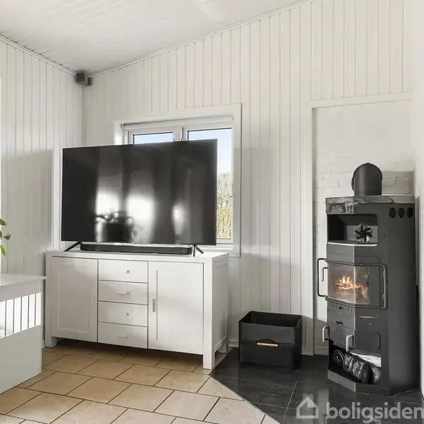 Et fladskærms-TV står på en hvid skænk. Ved siden af er en brændende brændeovn. Vinduerne bagved giver udsigt til natur. En plante står på en bordplade.