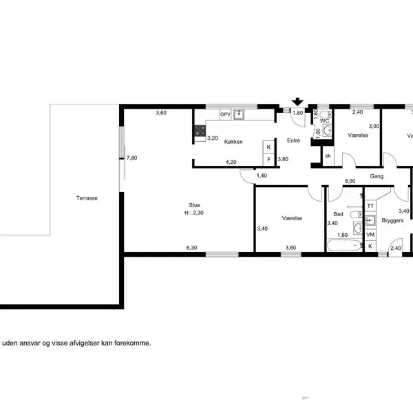 Plantegning viser en bolig med stue, køkken, entre, gang, bryggers, bad, fire værelser og en terrasse. Kompasros i hjørnet. Tekst: "Tegningen er uden ansvar og visse afvigelser kan forekomme."