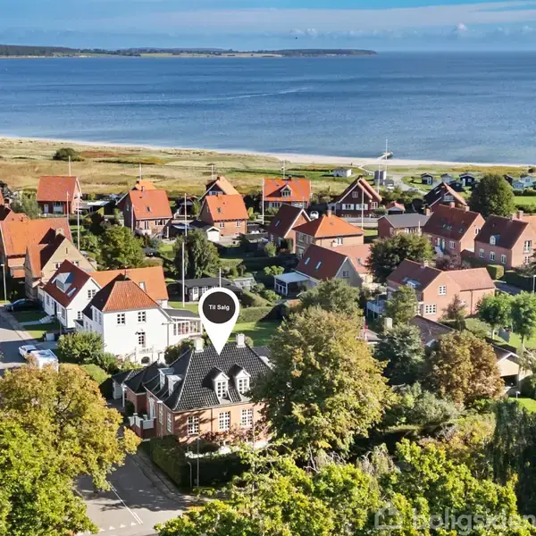 Et hus er markeret med en taleboble med teksten "1% salg". Huset ligger i et boligområde tæt ved en strand og skov. Flere huse med røde tage er i nærheden.