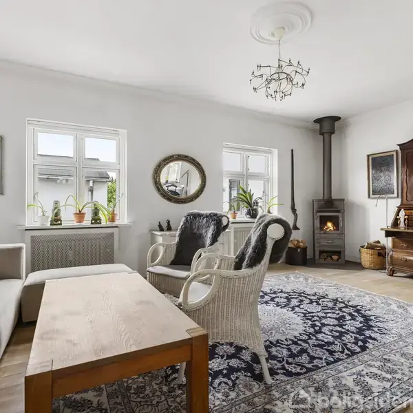 Sofa og lænestole står på et mønstret gulvtæppe, mens en brændeovn er tændt i hjørnet. Væggene er hvide, og der er store vinduer med planter.