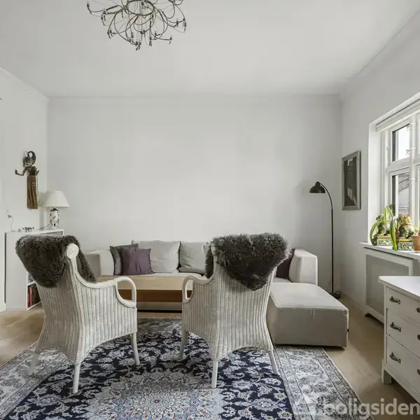 To kurvestole med pelsbetræk står ved et sofabord i en skandinavisk stue. Et tæppe dækker trægulvet, omgivet af en hvid sofa, tv, kommode og vindue med planter.