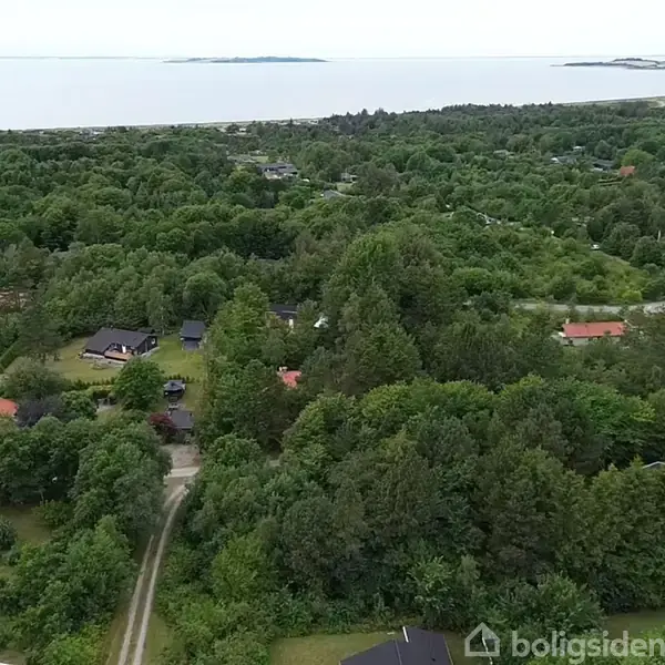 Et fugleperspektiv viser huse spredt blandt frodig skov tæt ved en kystlinje med havudsigt i horisonten. Stien snor sig gennem området, omkranset af grøn natur.