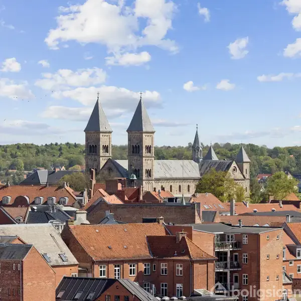 En stor kirke med to tårne står stille blandt røde teglstensbygninger. Bagved ses en skovklædt bakke under en blå himmel med få skyer.