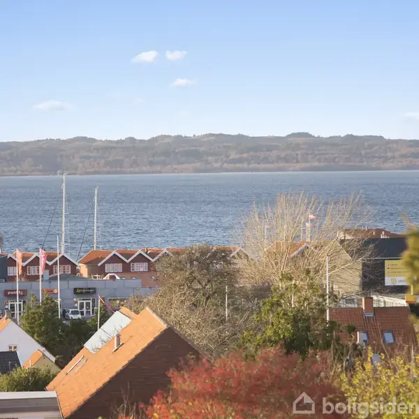 Huse med røde tage står stille blandt træer, mens en stor sø strækker sig ud til en skovklædt kystlinje under en skyfri blå himmel.