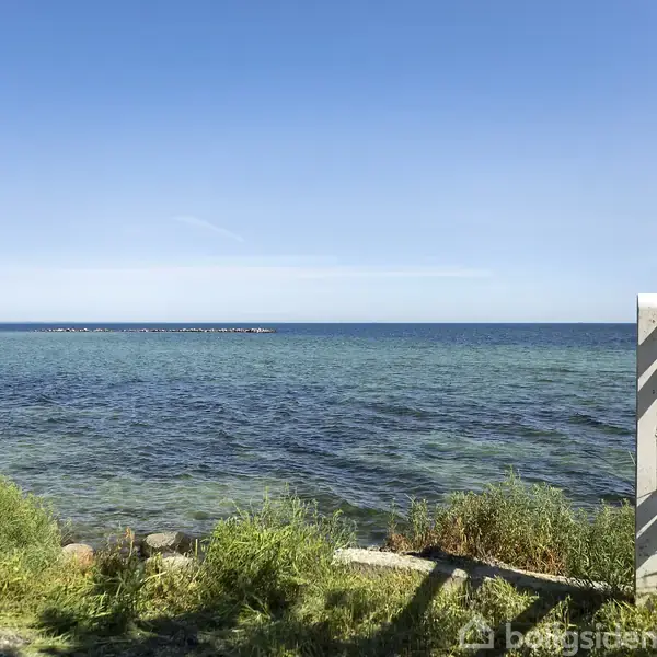 Træhegn står ved kanten af en grøn bevokset kyst, mens havet strækker sig udad i horisonten under en klar blå himmel.