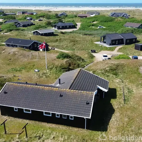 Et sort-hvidt sommerhus står stille omgivet af græs og andre små huse tæt på kysten. Et dansk flag vajer i vinden.