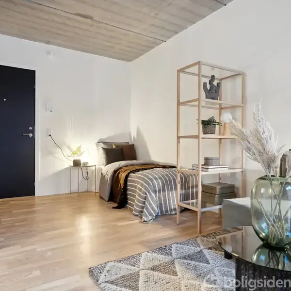 Et soveværelse med en enkelt seng, dekoreret med stribede puder og tæppe. En træreol med planter står ved siden af. Et rundt bord med en glasvase er i forgrunden.