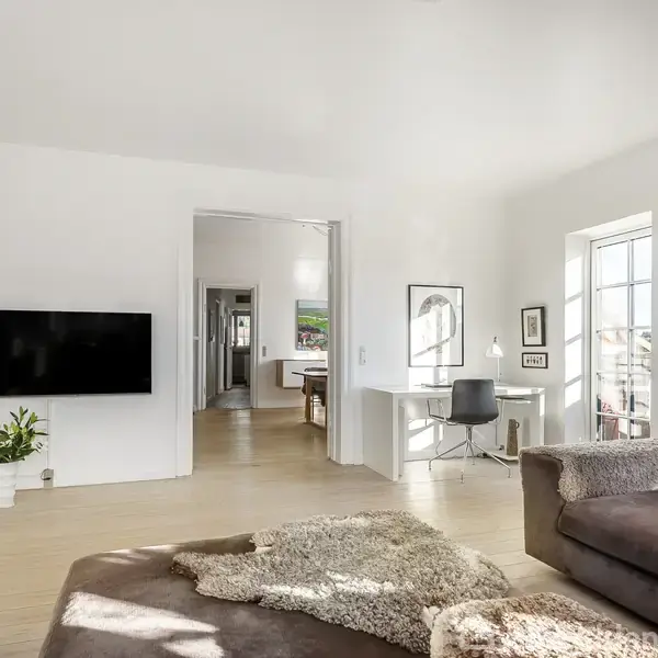 Stue med en brun sofa og et tæppe, der ligger på gulvet. En fladskærm er monteret på væggen. Et skrivebord med stol står ved et vindue, som giver lys.
