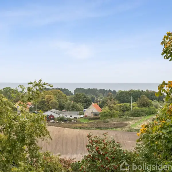 Hus med rødt tag set på afstand, omgivet af grønne marker og træer, under en klar, blå himmel. I baggrunden ses en skov og havet.
