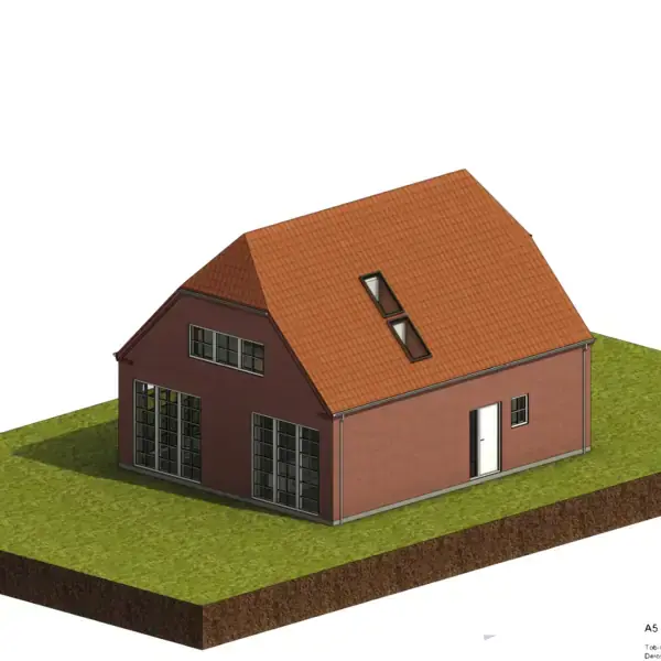 En rød murstenshus med saddeltag og tagvinduer står på en græsbevokset grund. Huset har store vinduer og en hvid dør. Øverst står der "H7_EX".
