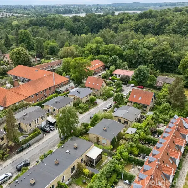 Rækkehuse med røde tage står stille i et grønt boligområde omgivet af træer og buske. Baggrunden indeholder en skov med en flod i det fjerne.