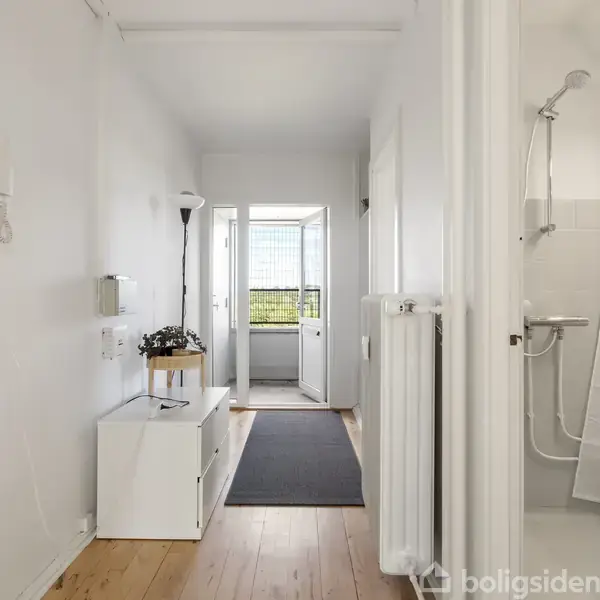 En lys entré med trægulv, hvor en dør fører ud til en balkon. Til højre er et badeværelse med brusebad. En lille hvid skænk står langs væggen.