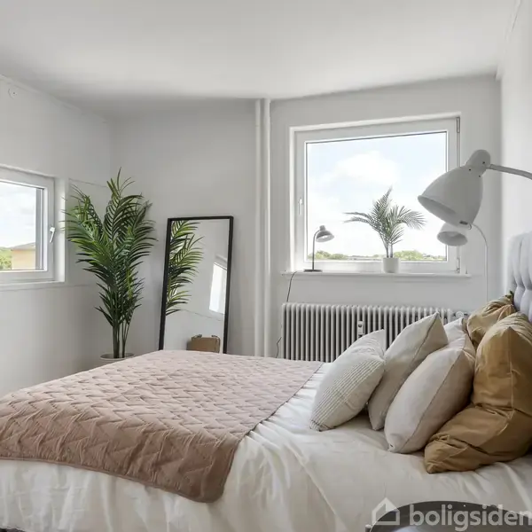 Soveværelse med en dobbeltseng dækket af lyse puder og et rosa quiltet tæppe. En gulvlampe står ved siden af, og der er grønne planter og et spejl i baggrunden.