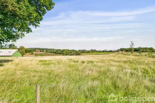 En grøn mark strækker sig ud i horisonten med et træ til venstre. En grøn bygning står i baggrunden under en blå himmel med lette skyer.