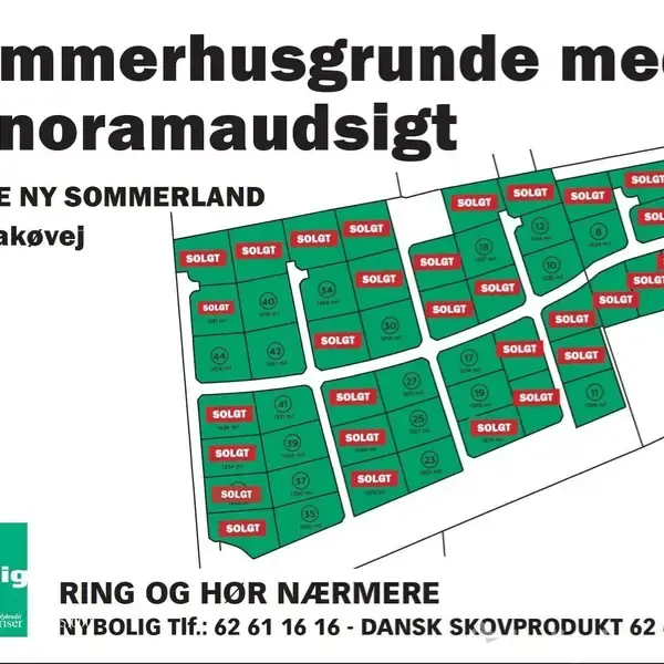 Kort viser sommerhusgrunde markeret med "SOLGT" i grønne felter. Overskriften lyder "Sommerhusgrunde med panoramaudsigt." Placering er på Horne Ny Sommerland, Avernakøvej. Nederst står: "Ring og hør nærmere."