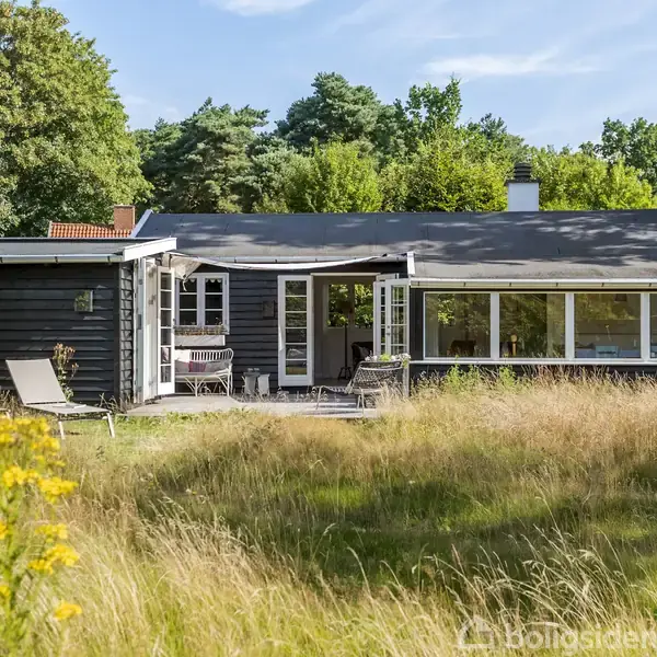 Et sortmalet sommerhus med store vinduer står på en græsbeklædt grund omgivet af træer. Foran huset står to liggestole og et lille bord på den åbne terrasse.