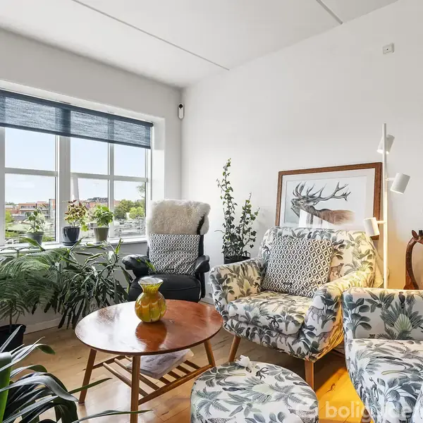 Et lyst opholdsrum med en rund træbord i midten omgivet af mønstrede stole. En vindueskarm fyldt med grønne planter. Væggen er dekoreret med en plakat af en hjort.