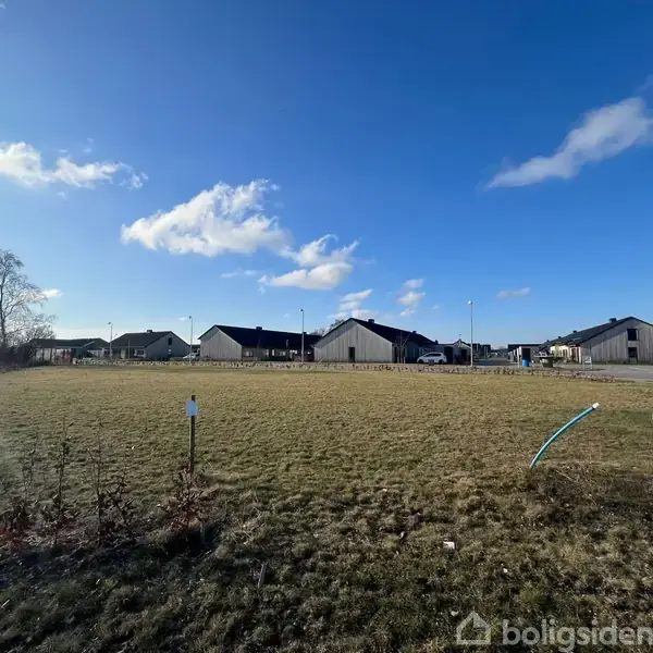 En åben græsmark med enkeltstående træ i baggrunden, under en blå himmel med skyer. I baggrunden ses rækkehuslignende bygninger og en brolagt vej med flere gadelygter.