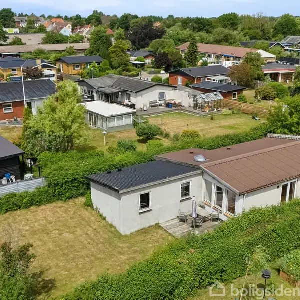 Hvide og brun taghuse ligger tæt i et fredeligt parcelhuskvarter omringet af grønne haver og buske, under en skyfri himmel.