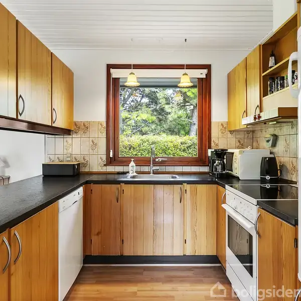 Køkken med træskabe og sort bordplade. Opvaskemaskine og ovn er indbygget. En kaffemaskine står ved siden af vasken. Vindue med udsigt til træer. Ingen tekst fundet.