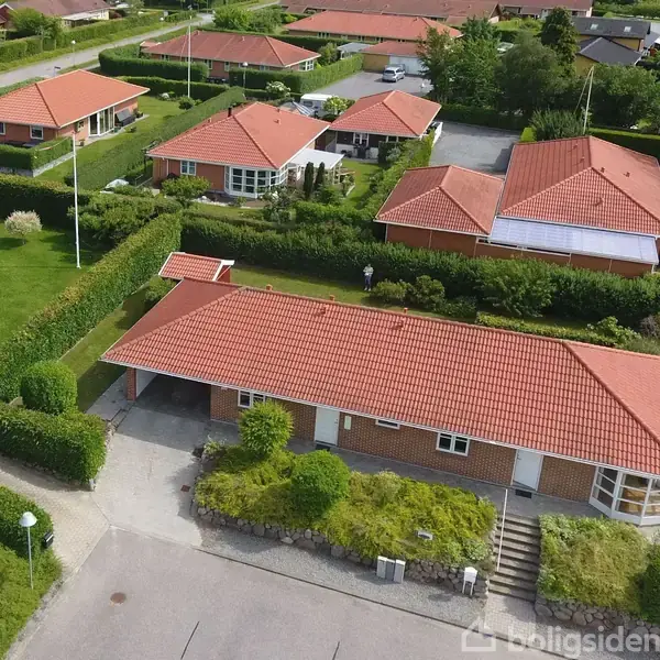 Trækøkken med træskabe og beige flisegulv, åbent mod en stue. Store vinduer lader naturligt lys strømme ind. Lyst træloft med indbyggede spotlys.