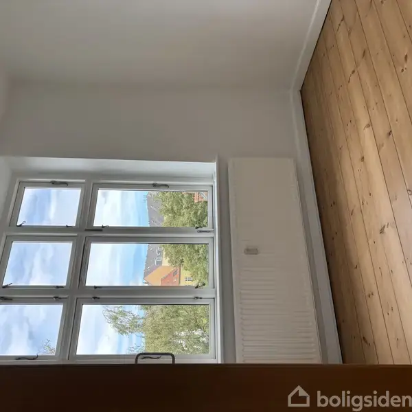 Et rum med et trægulv har et stort vindue opdelt i seks ruder. Udenfor ses trækroner og himmel. Væggen er hvid, og der er en radiator under vinduet.