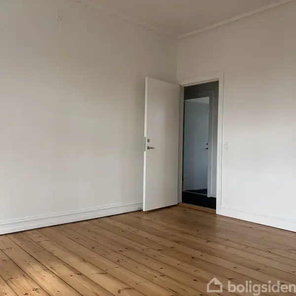 En tomt rum har en hvid dør, der står på klem i en væg. Rummet har lyst trægulv, og væggene er hvide. Ingen tekst findes i billedet.