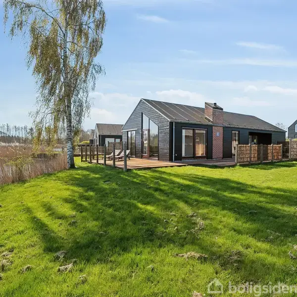 Et moderne sort hus med store vinduespartier og træterrasse står på en grøn græsplæne. I baggrunden ses en søkant med siv og træer under en blå himmel.
