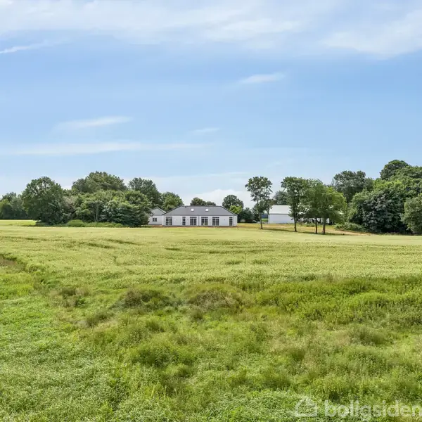 Et lille hus står stille omgivet af grønne marker og en skov af træer i et landligt område under en blå himmel med lette skyer.