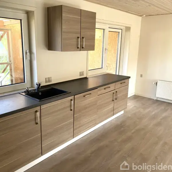 Køkken med træskabe og sort bordplade langs en væg, indeholder vask med armatur. Gennem store vinduer ses udendørs byggeri. Gulvet er lyst trægulv, og der er en radiator langs væggen.