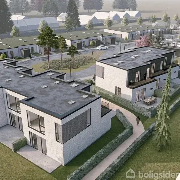 Moderne rækkehuse står i en tæt anlagt bebyggelse med stier og grønne plæner, omgivet af træer og andre huse i et boligområde.