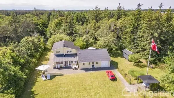 Et hus med terrasse ligger midt i en stor, grøn have omgivet af skov. En rød bil holder parkeret. En dansk flagstang og et lille skur er i nærheden.